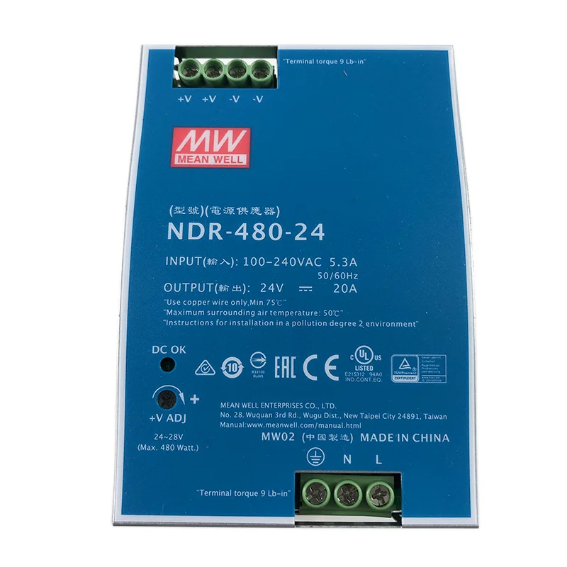 MEAN WELL Industrial Din Rail 480W 24V 48V Slim Single Output Switching Power Supply NDR-480-24 NDR-480-48