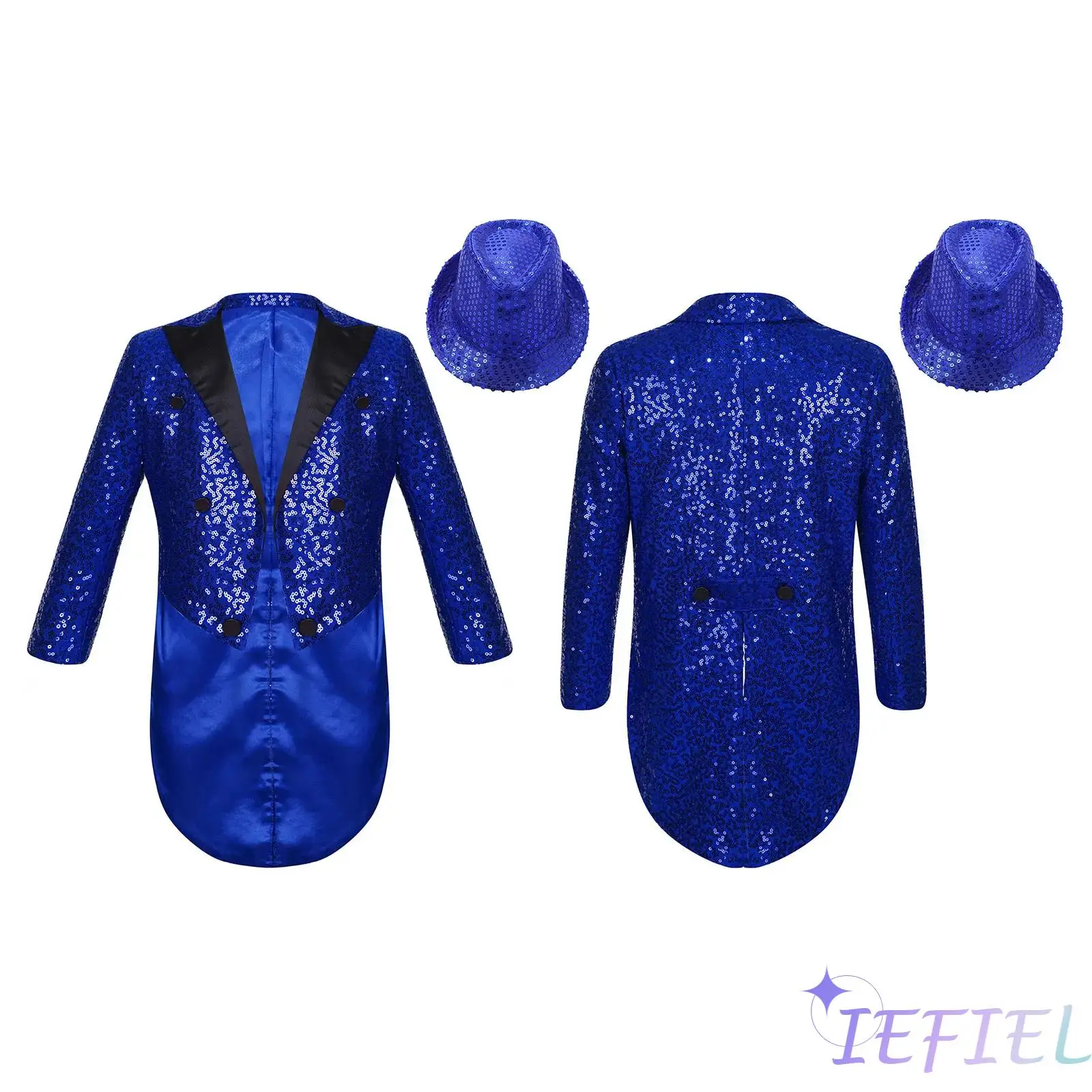 

Kids Boys Girls Magic Show Magician Cosplay Costume Jazz Dance Performance Outfit Sequin Tailcoat Blazer Tops with Sequined Hat