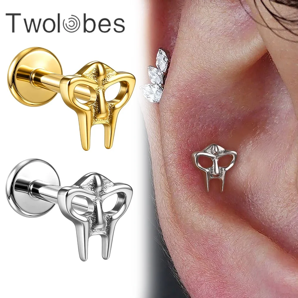 Twolobes 1PC ASTM F136 Titanium Gladiator Mask Labret Stud Internal Thread Helix Conch Earring Flat Back Piercing Jewelry