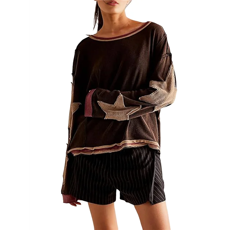 

ASDS-Women Oversized Cotton Long Sleeve Shirts Tops Star Crewneck Pullover Y2K Fall Winter Grunge Clothes