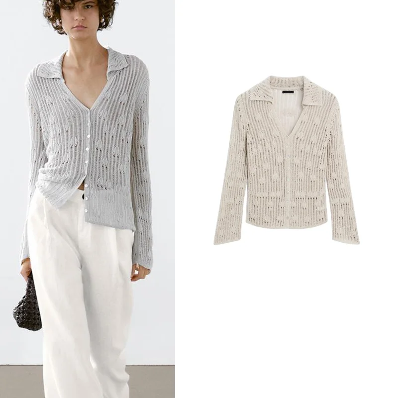 

Summer New Women's Lazy Style Slim Fit Knitted Open Front Hollow out Collar Sweater V-neck Long Sleeve Polyester Fiber