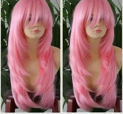 Peruca de cabelo reta longa para Cosplay Party, rosa bonita, nova moda