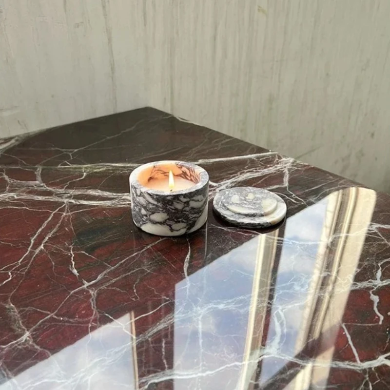 Romantic Luxury Stone Calacatta Viola Natural Marble with lid Candle Jar Cup Holder Short Candlestick Room Decor