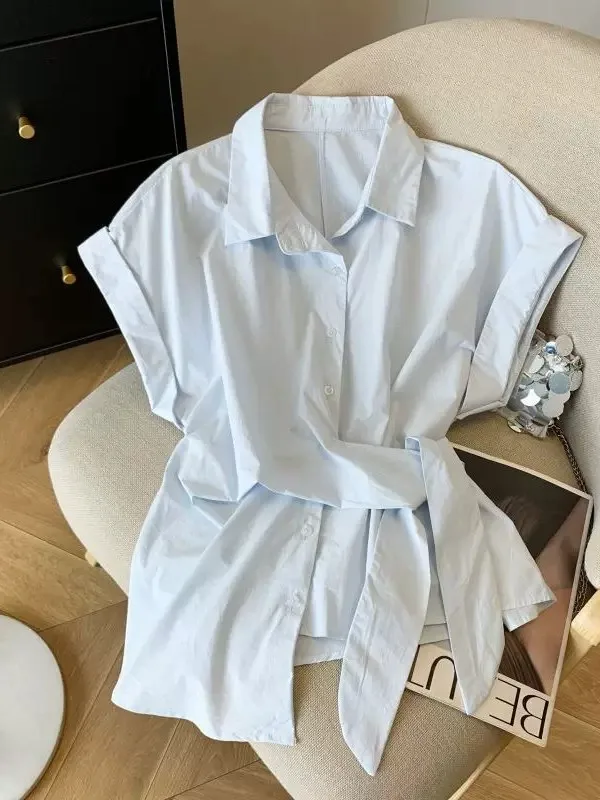 Women's Short Sleeve Shirt Waist Cinching Belt Design Summer White Asymmetric Top Trendy Commute Style Korean Loose Fit