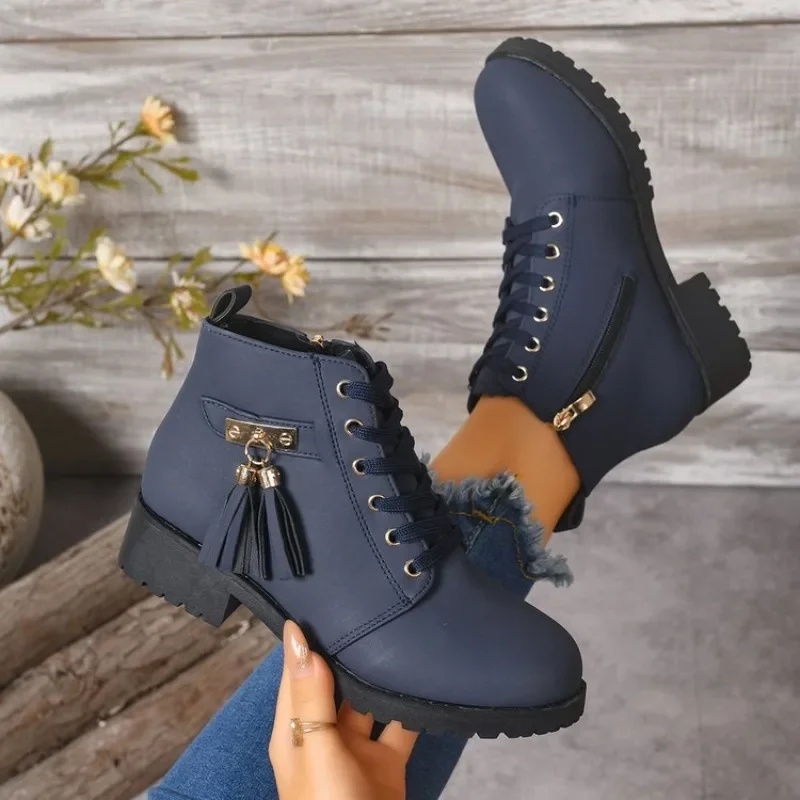 2026 Fashion Tassel Decor Lace Up Design Women's Boots Winter New Warm Round Toe Comfort Square Heel Women's Ankle Boots