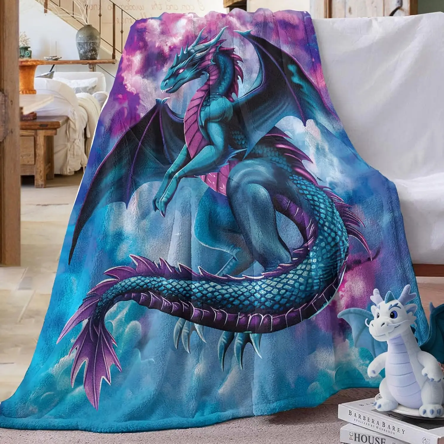 

Фланелевое одеяло синего и фиолетового цвета с драконом, День рождения для любителей драконов, детей, девочек, мальчиков, мужчин и женщин, мягкие одеяла с забавными облаками