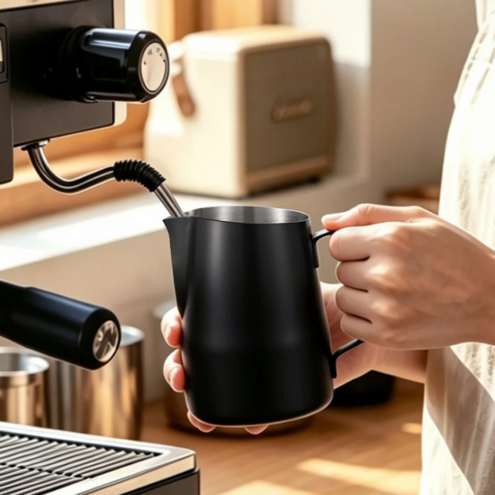 Milk Frothing Pitcher Brushed Metal Frothing Pitcher with Handle Lightweight Food Grade for Home Baristas, Kitchen view 5