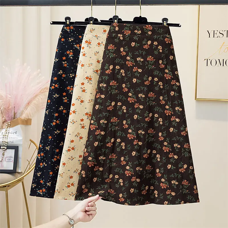 

Corduroy 2023 Autumn Winter Pleated Skirt Women Elastic High Waist Skirts Woman Elegant Flower Print A-Line Long Skirts C163