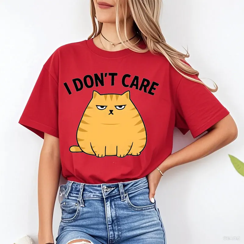 

New Style Kawaii Cute "I Don't Care" Cat Graphic T-Shirts Cotton Round Neck Short Sleeve Cat Design Women's Clothes