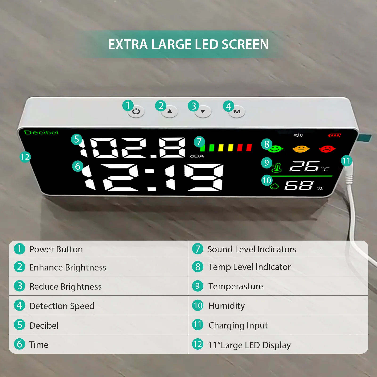 Decibel Sound Level Meter Wall Noise Tester Clock Measuring Sound Level Humidity Temperature with 11 Inch Screen Display