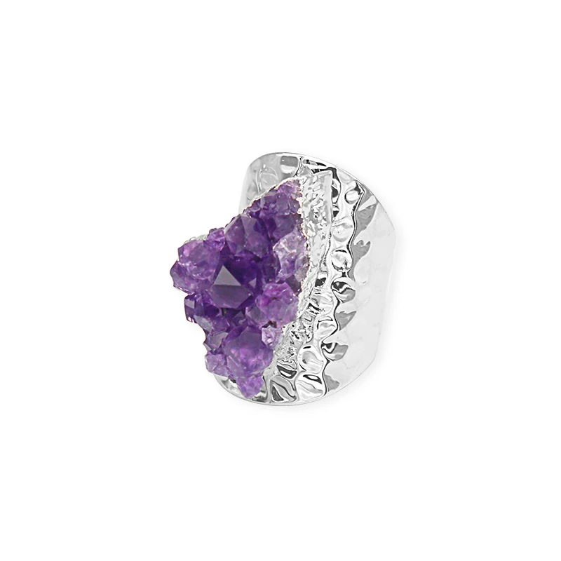 Irregular Unpolished Raw Amethyst Crystal Cluster Rings for Women Girls Silver Plated Wedding Party Finger Jewelry