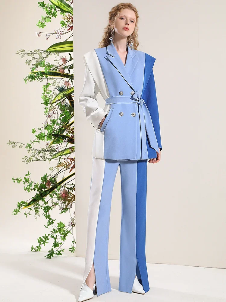 Women\'s Blue and White Blazer Suit Elegant Jacket Autumn New High Quality Business Top and Trousers Womens Two Peice Sets