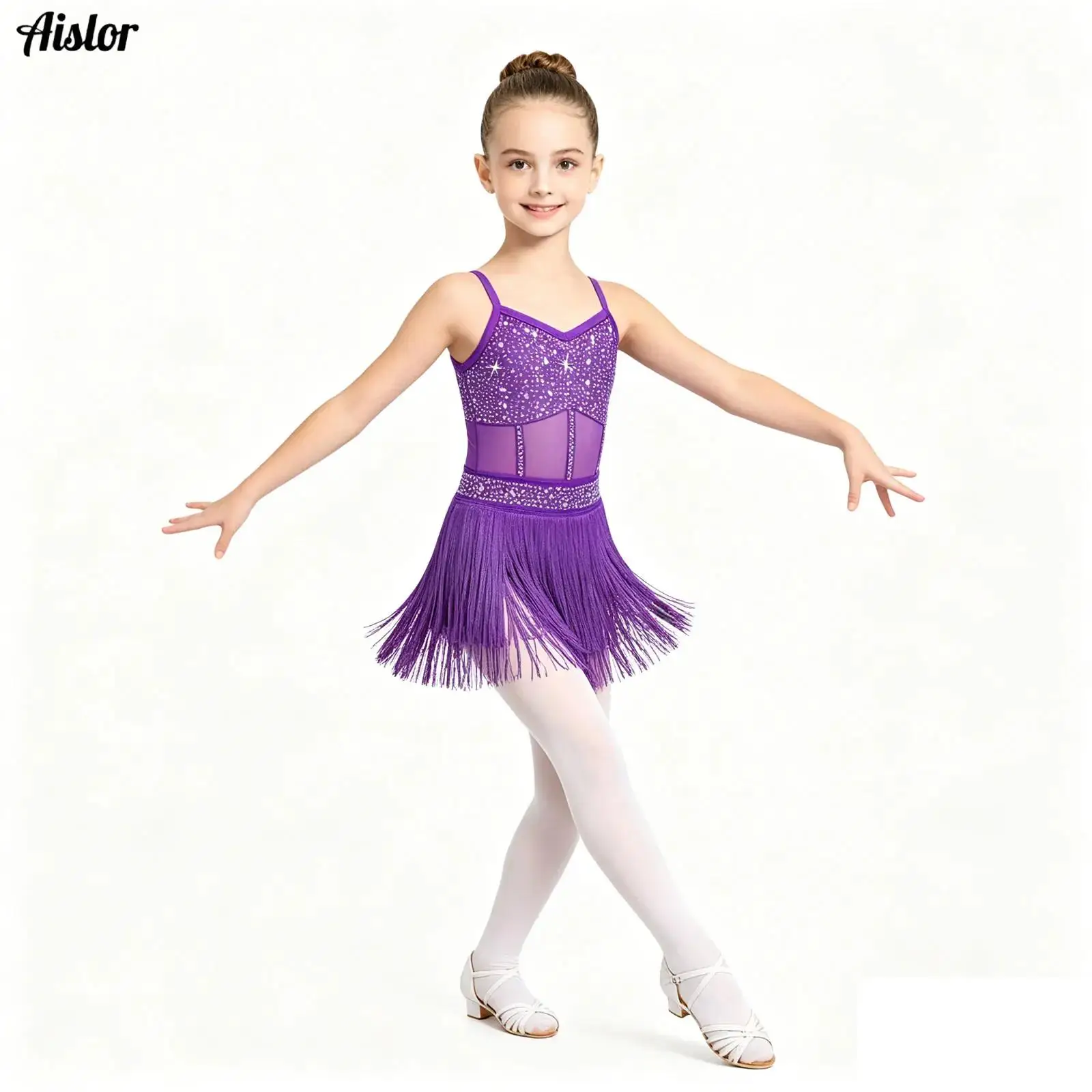 

Kids Girls Rhinestones Latin Tango Dance Leotard Dress Sheer Mesh Tiered Tassel Fringe One Piece Bodysuit Dress Jazz Dancewear