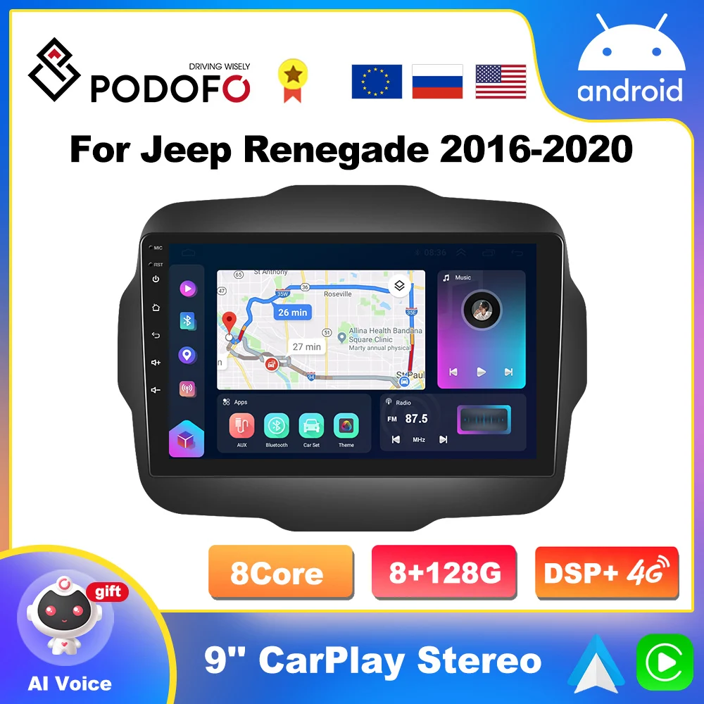 

Podofo CarPlay Android Auto 4G Car Radio For Jeep Renegade 2016-2020 Multimedia Player 2din Head Unit DSP HiFi Stereo Receiver