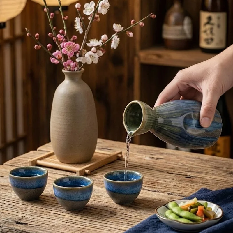 Juego de Sake de Cerámica Estilo Japonés, Botella de Sake Vintage con Efecto Kiln Change y 4 Tazas, Regalo Premium para Bar en Casa y Restaurante de Sushi