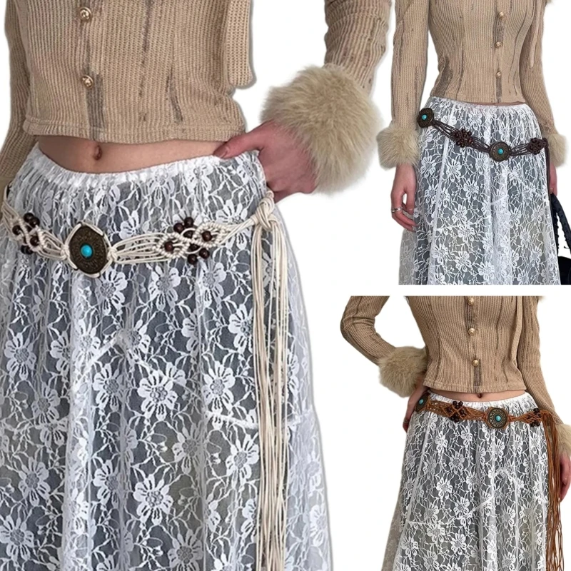 

Ethnic Rope Belt Aesthetic Bohemian Fringed Turquoises Waistband Waist Decors Girl Travel Clothing Waist Decors