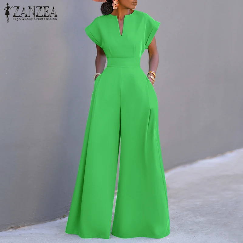 

ZANZEA Elegant Wide Leg Pants Romper Summer Women Long Jumpsuits Casual Short Sleeve Playsuit Holiday Loose Solid Color Overalls