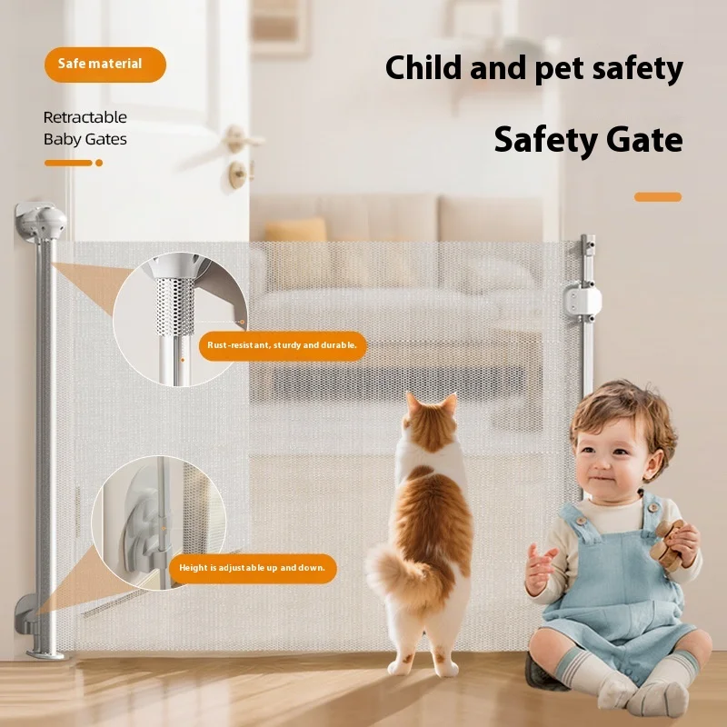 

New solid indoor plastic pet fence telescopic door guide rail lengthened anti-cat and anti-dog isolation net button