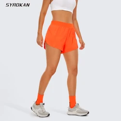 SYROKAN pantaloncini da corsa a vita media per donna, pantaloncini da allenamento per palestra atletica con delfino diviso con fodera leggera ad asciugatura rapida