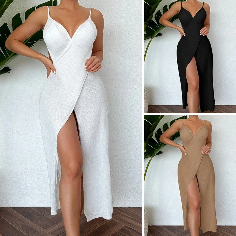 

Women's Knitting Sexy High Slit Backless Long Dress Summer Beachwear Cover Up Women See-Through Elegant Halter Dress