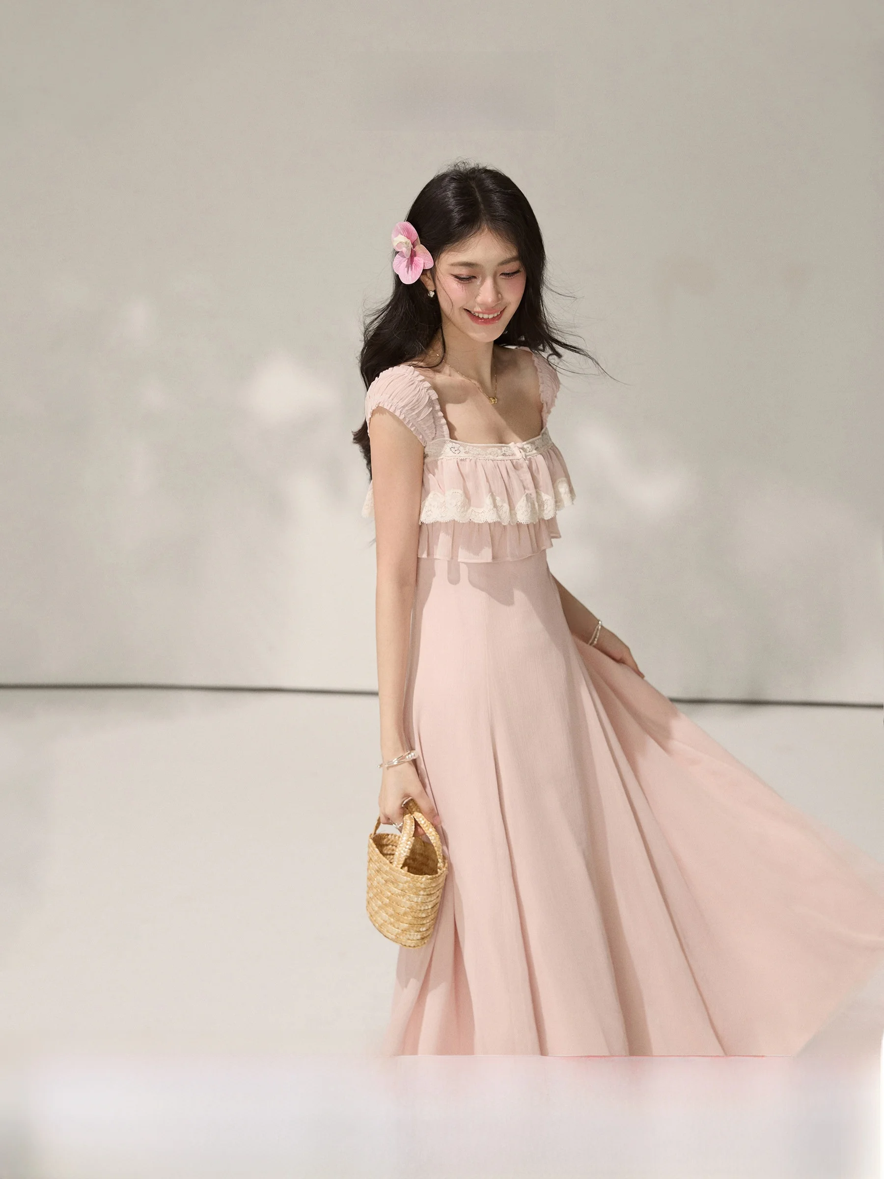 

Sweet Style Wendy Pink Lace Splice Bikini Dress Women's Summer Design Sense Holiday Dress A-Line Skirt No Sleeve Dress