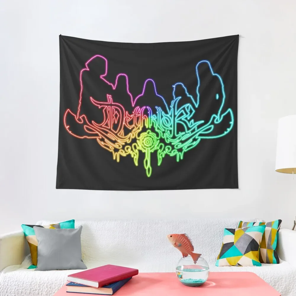 

Rainbow Neon Sign Dethklok Logo with Band Member Silhouette on Black Tapestry Decorative Paintings Aesthetic Home Decor Tapestry