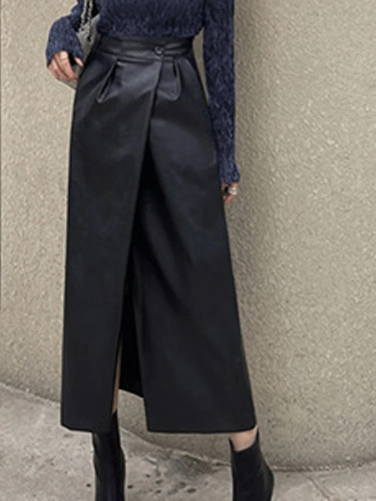 Black PU Faux Leather Sexy Split Retro Skirts Woman 2026 Autumn Summer Fashion Pockets Irregular High Waist Casual Midi Skirt