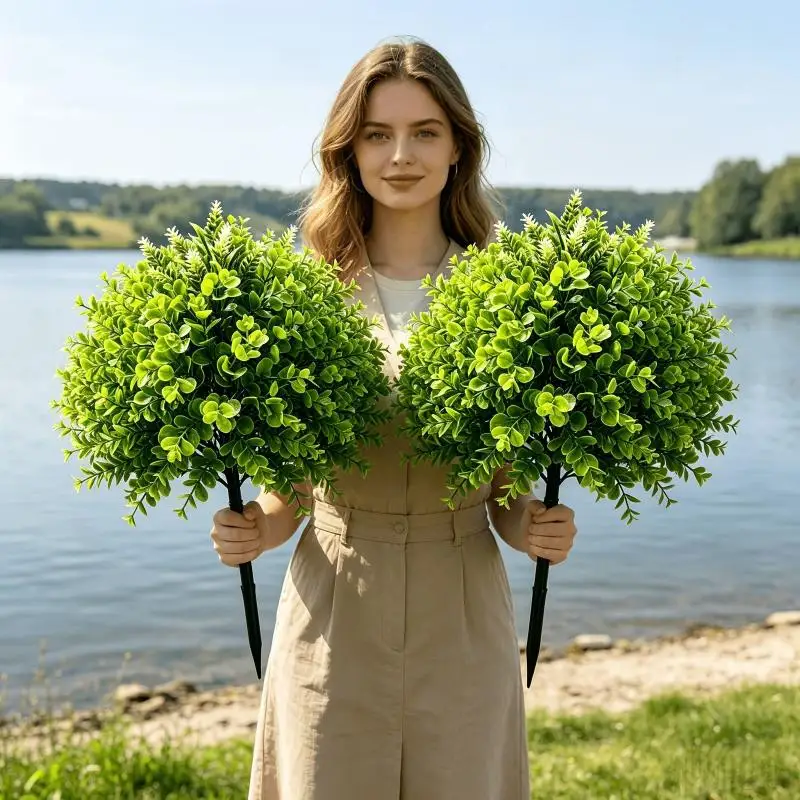 * Artificial Green Plants Ground Stake Fake Greenery Plastic Shrubs Plants For Outdoor Garden Patio Yard Landscaping Decoration