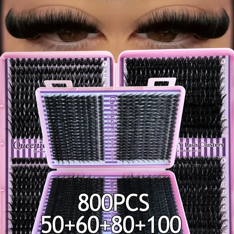 800 bouquets de faux cils, longueurs mixtes 9-16mm, courbure D, bouquets de cils volumineux et denses, extensions de cils réutilisables, aspect naturel