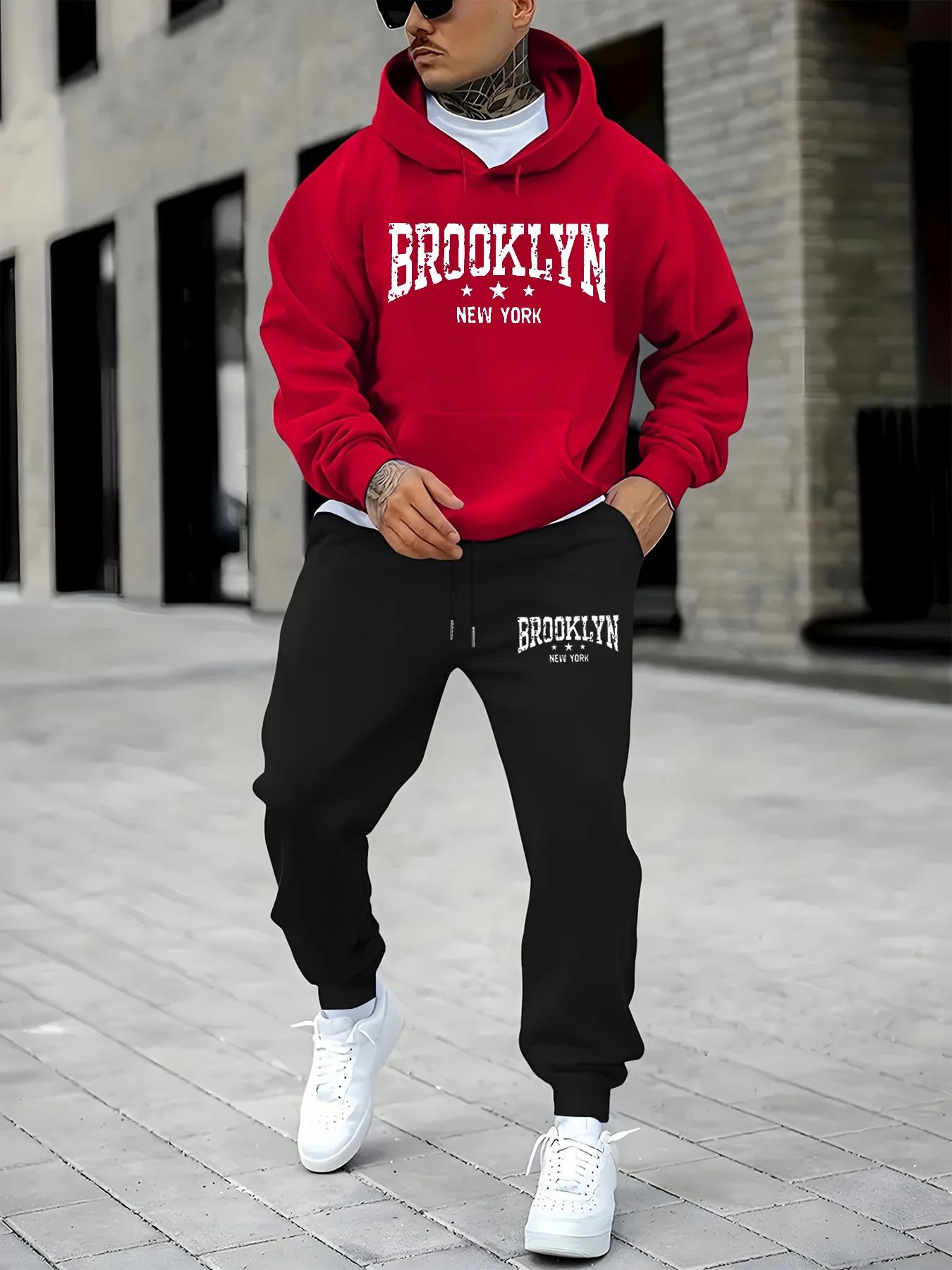 Heren Brooklyn New York bedrukt herfst/winter casual mode losse pluche dikke capuchon + joggingbroek set