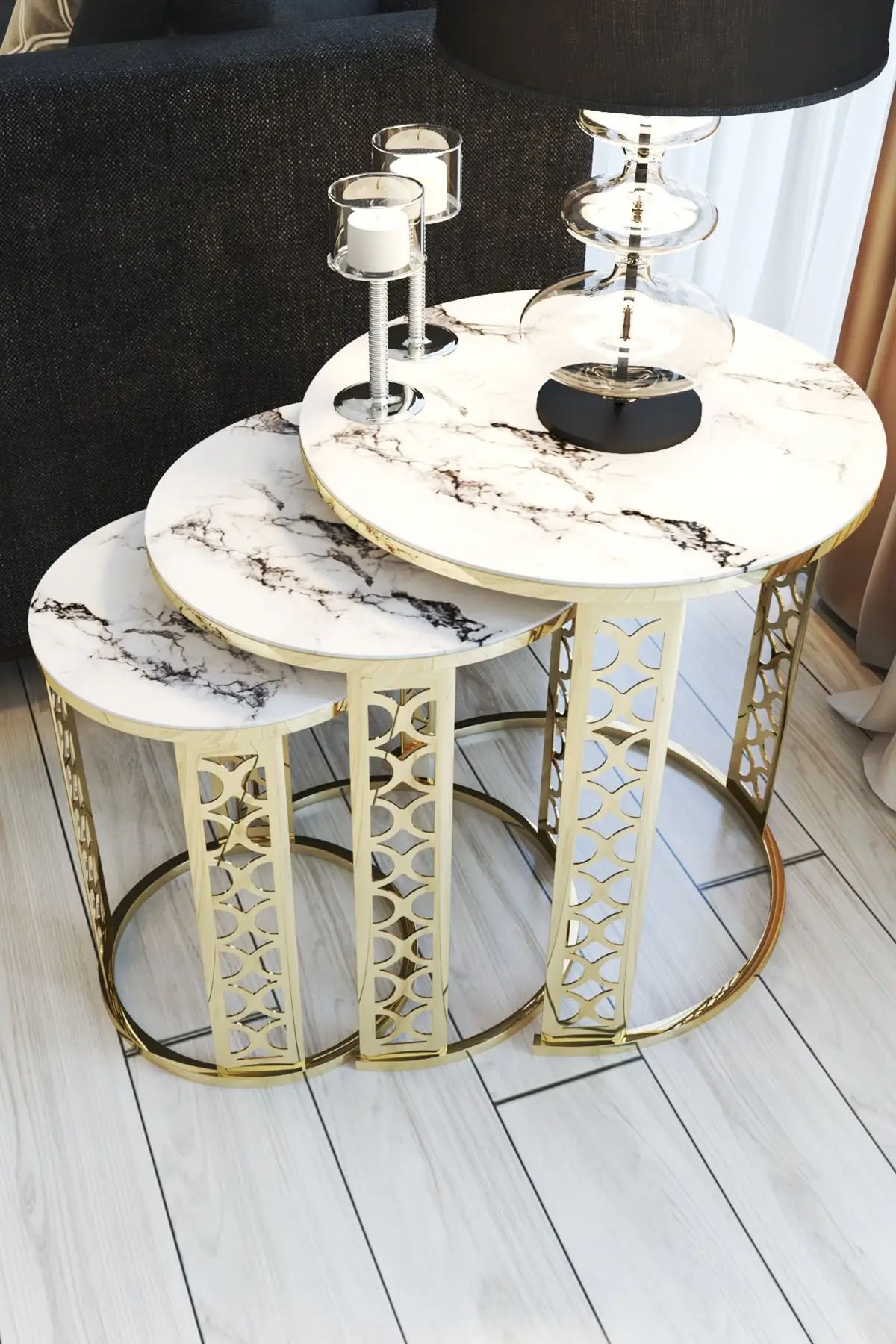 White Marble Pattern Laser Cut Lux Gold Zigon Coffee Table