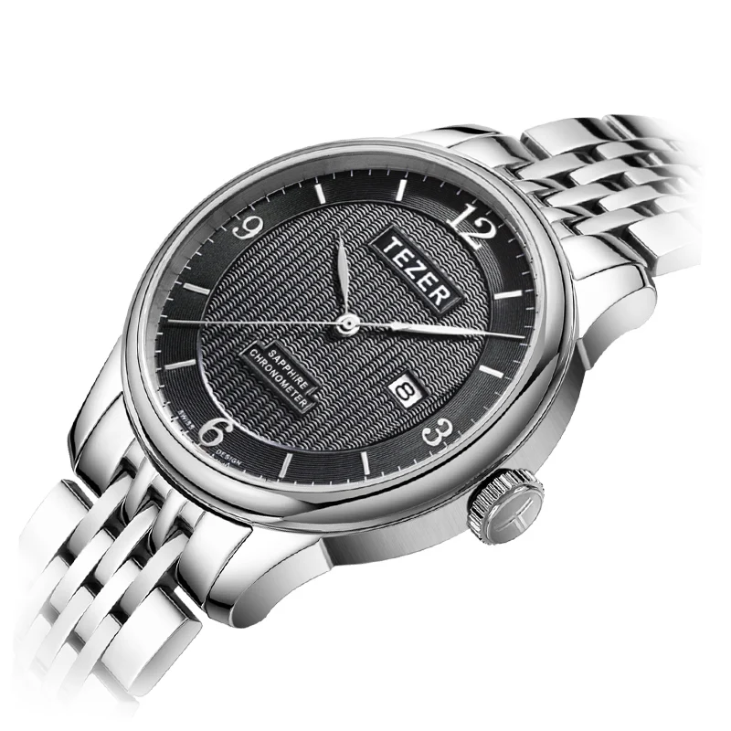 TEZER Men Quartz Watch | Stainless Steel Band | Arabic Numeral Dial | Date Window | 30M Water Resistant Wristwatch