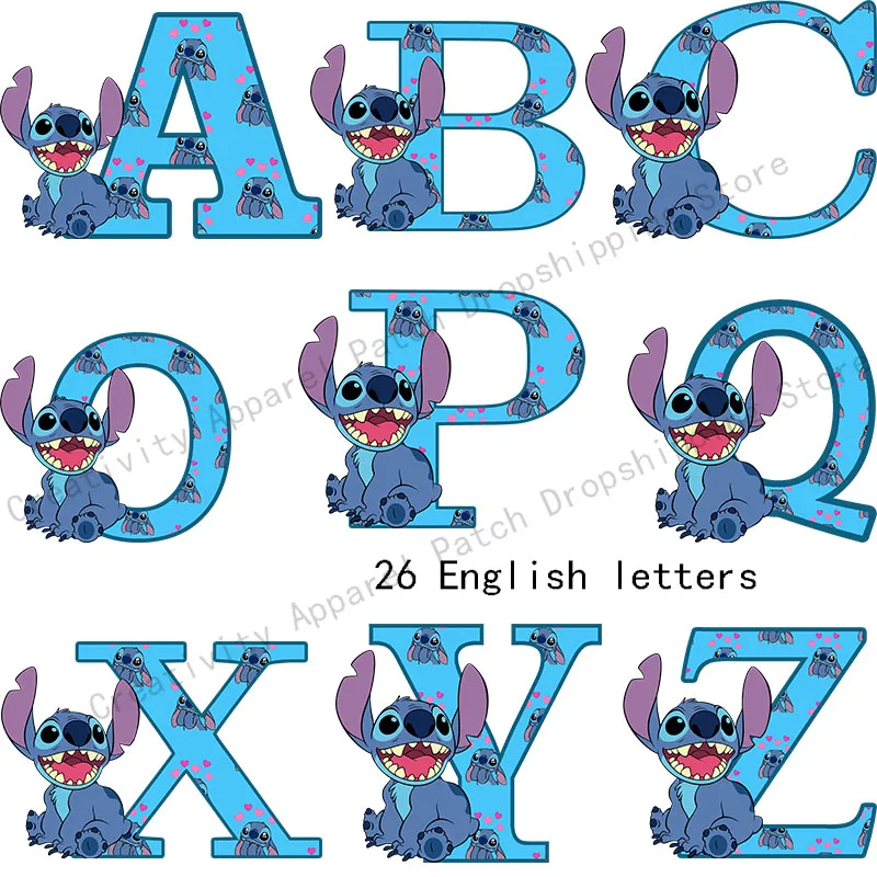 Cartoon Stitch Patches for Clothing Heat Transfer Patch Clothes Stickers DIY T-Shirt Hoodies Accessory A-Z 26 English Letters