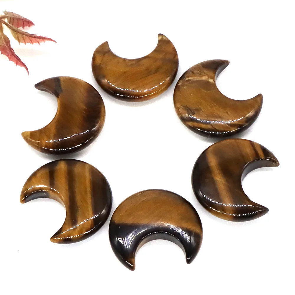 10 Pcs 30mm Moon Natural Gemstone Yellow Tiger Eye Crystal Reiki Healing Stone DIY Pendant For Making Mascot Jewelry Love Gift