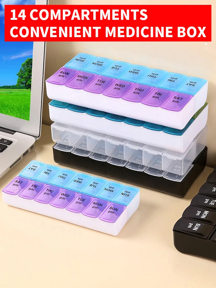 Boîte à médicaments pratique à 14 compartiments, boîte à compartiment à médicaments, boîte de stockage de médicaments de sept jours, boîte à médicaments essentielle pour la maison et tr