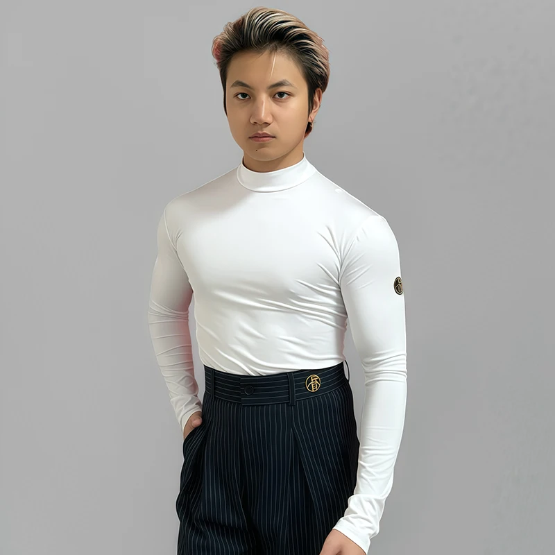 Uomo Abiti da ballo latino Inverno Manica lunga Top neri Collo alto Top neri Costume da allenamento latino Pratica maschile Dancewear 2412