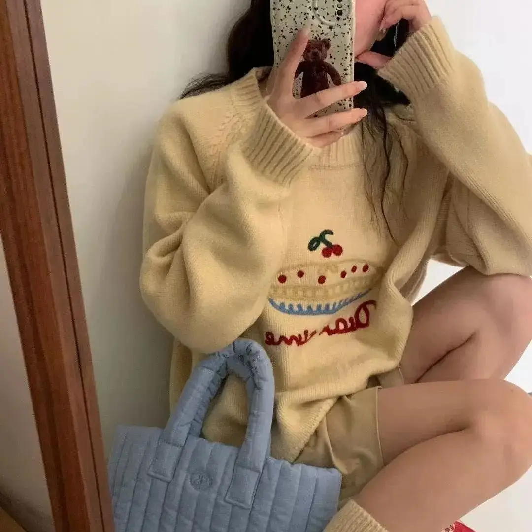 Rose Pink Pullover Cute Embroidered Outer Wear 2024 New Autumn Winter College Style Loose Ins Lazy Style Sweater