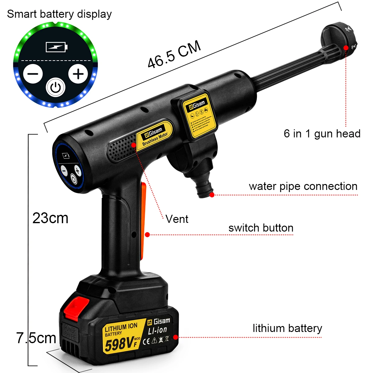Gisam 200Bar 브러시리스 전기 고압 세척기 Makita 18V 배터리 핀용 6-in-1 세차 정원 물총 스프레이 건