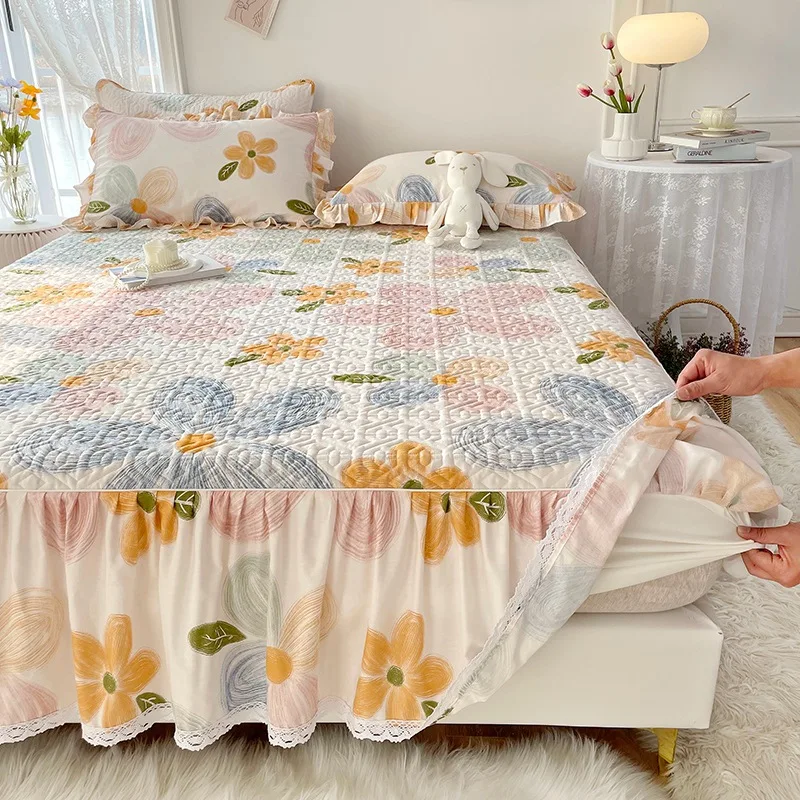 

Cotton Bed Skirt Colcha De Cama Queen Floral Style Bedspread Girls Room Lace Mattress Cover Thickened Cotton Clip Bedspread