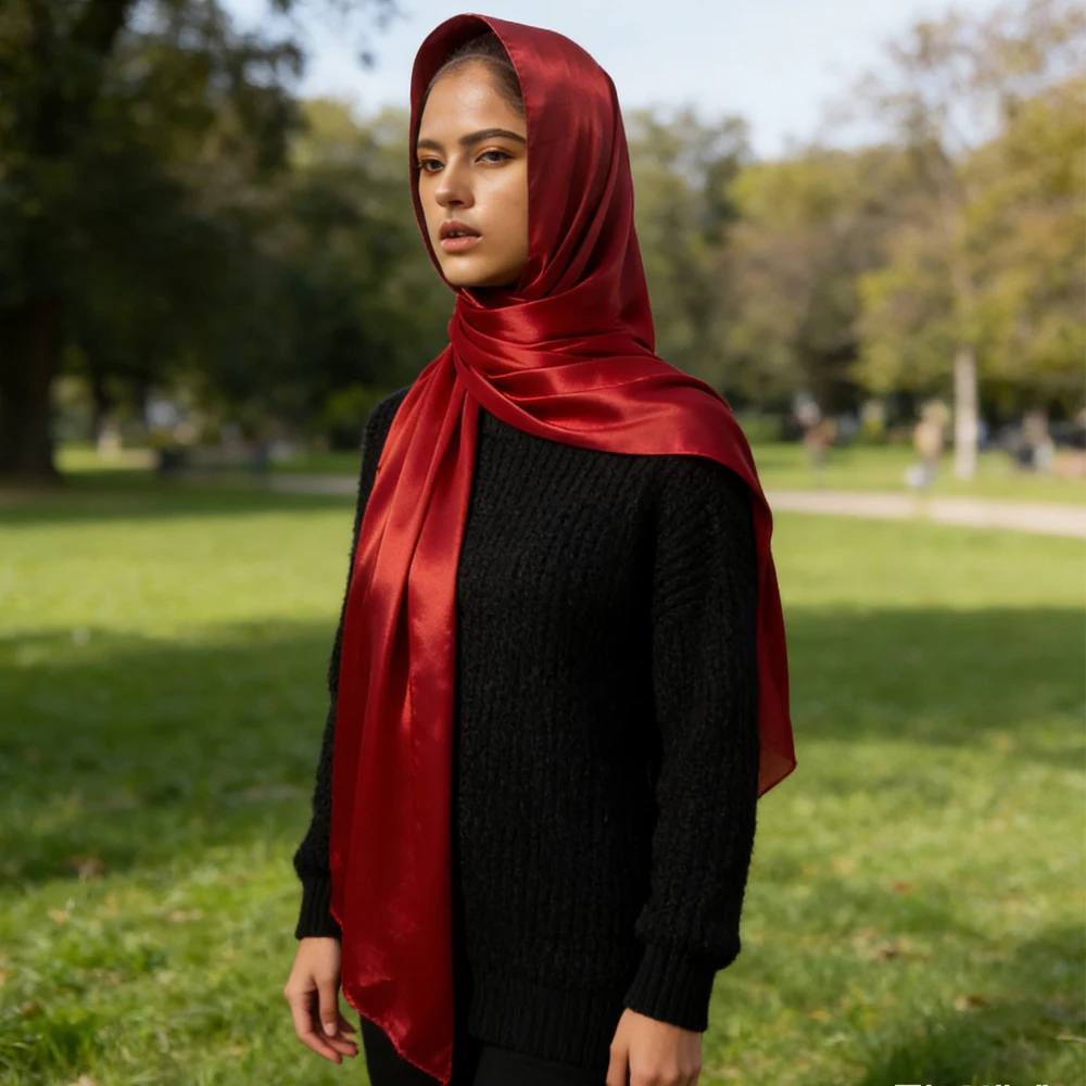 

19 Color New Bright Satin Long Scarf Women Headscarf Muslim Hijab Wrap Turban Solid Color Shawl Islam Scarves Bandanas Headband