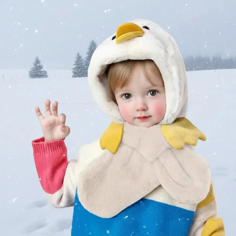 1-4PCS 2 in 1 Yellow Duck Hat Scarf Fleece Lined Warm Hood with Earflap Windproof for Toddler Kids Boys Girls Winter