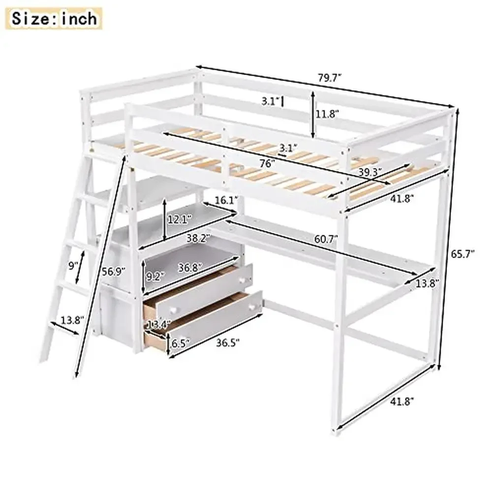 Solid Pine Wood Twin Loft Bed with Desk Shelves Drawers Sturdy Frame Multifunctional Design 79.7