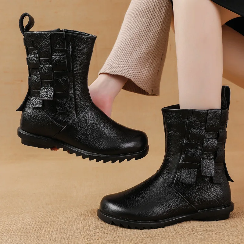 

Designer cow leather boots woman ankle braid Snow Boots Winter Waterproof Fur Shoes 2024 New Luxury Booties