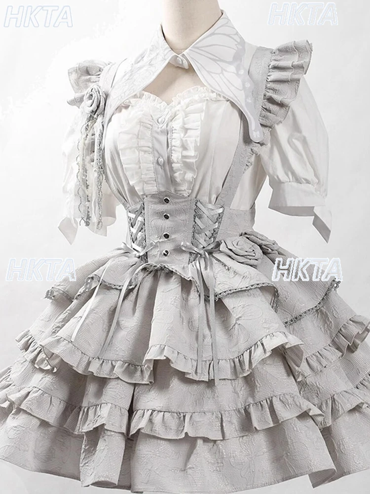 

Gothic Style Bubble Short Sleeves Polo Collar Fishbone Tops Women Lolita Waist Cake Silver Short Lo Skirt Two Pieces Sets Ladies