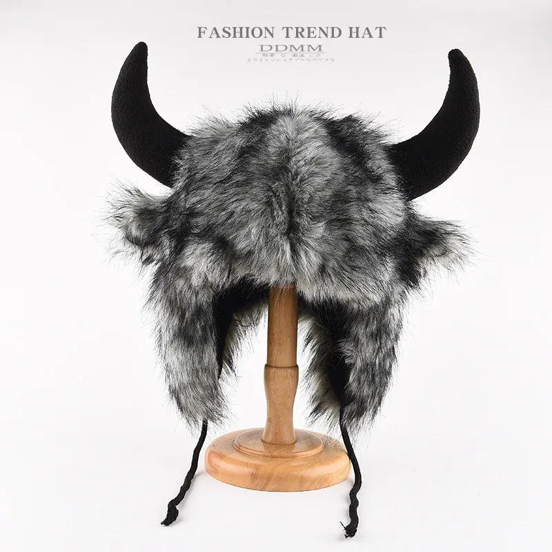Unisex Winter Black Horn Furry Warm Ear Flap Hat Windproof Cold Weather Cap