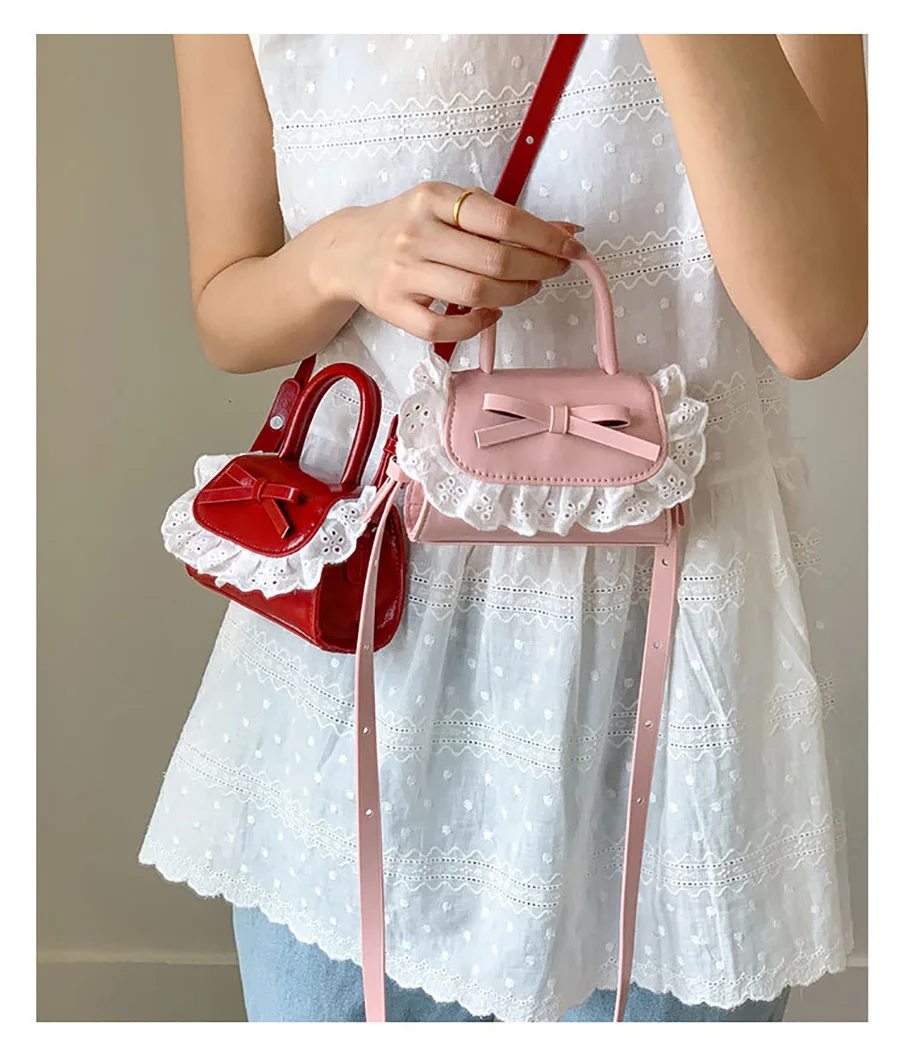 

Sweet Lace Leather Mini Bag Bow Appliques Women Cross body Bags Korean Casual Fashion Summer Female Small Handbag