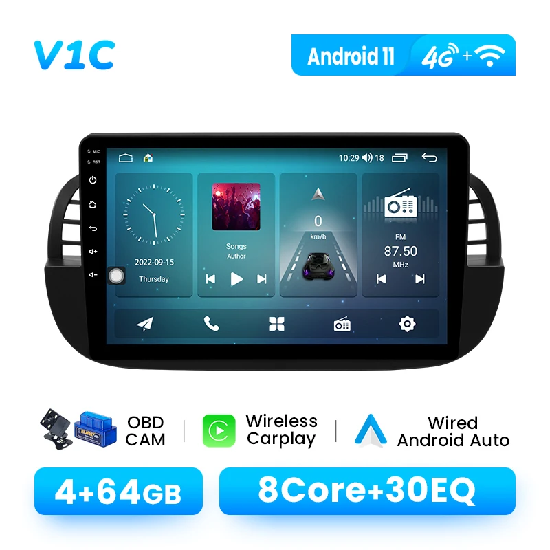 Android 14 Draadloze CarPlay Autoradio voor FIAT 500 2007-2014 Multimedia GPS 4G Wifi DSP RDS Android Auto 1280*720P IPS