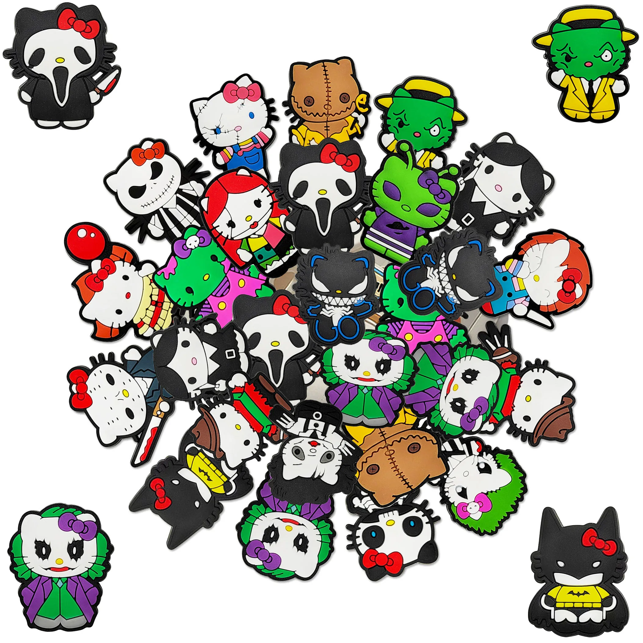 18-200Pcs Sanrio HelloKitty Halloween PVC Shoes Charms Decorations Moonwalk Dance Sandal Buckle Fit Cool Man Holiday Gifts