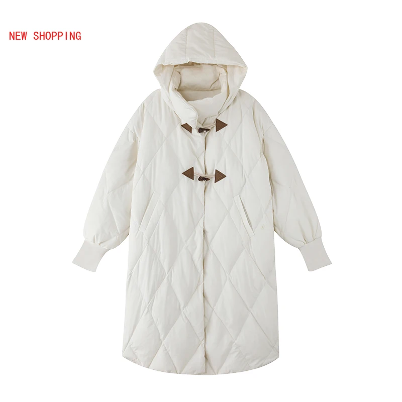 Women Winter Horn Buttons Parkas Oversized Beige Long Cotton Coat Black Hooded Thick Jacket Full Sleeve Loose Overcoat Fashion