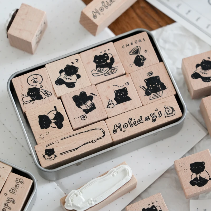 Sevimli Kedi Ahşap Damga Seti DIY Craft Damgalama Günlüğü Etiketleri Kart Yapımı Scrapbooking - Miyav Mühür Zanaat Hobileri
